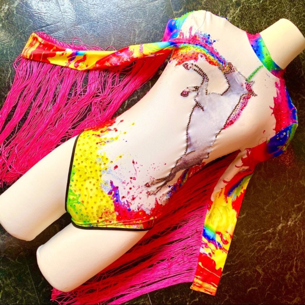 Rainbow unicorn fringe rhinestone rave bodysuit